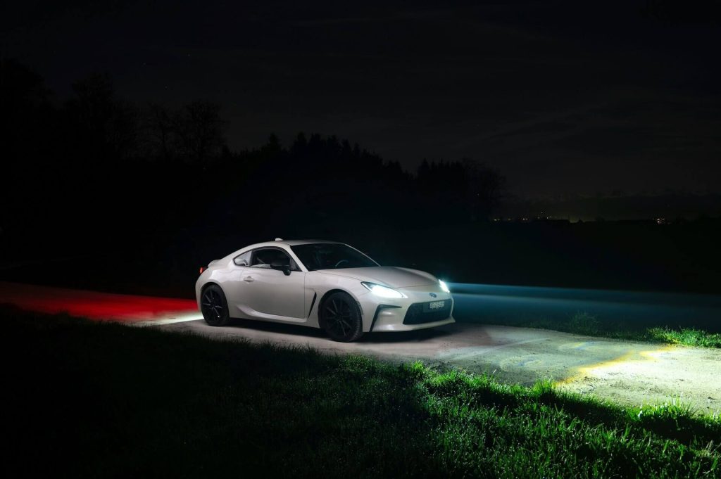 white sports car at night